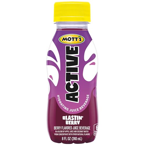 MOTT’S ACTIVE BLASTIN’ BERRY HYDRATING JUICE BEVERAGE, 8 FL OZ BOTTLES, 24 COUNT (4 PACKS OF 6), MADE WITH NATURALLY SOURCED ELECTROLYTES & COCONUT WATER, GLUTEN & CAFFEINE-FREE, KOSHER