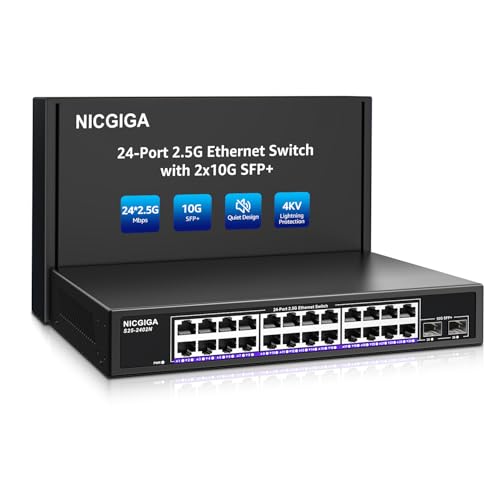 24 Port 2.5Gb + 2 Port 10Gb SFP+ Ethernet Switch, NICGIGA 26 Port 2.5G Network Switch Unmanaged, Plug & Play, Desktop or 19-Inch Rack Mount, Fanless Metal Design.