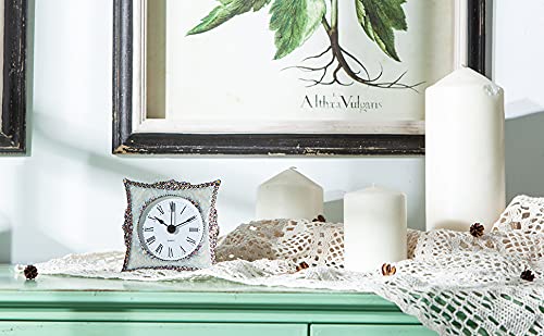 NIKKY HOME Crystal Elegant Small Quartz Analog Table Clock with Rosy Rhinestone Non-Alarm Desk Clock 3.5 by 1.5 by 3.5 Inches, White and Pink