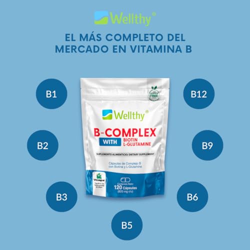 Wellthy Complejo B Cápsulas 120 porciones. Reforzado con Biotina y Glutamina. VCaps Cápsulas veganas, Bottle Free.