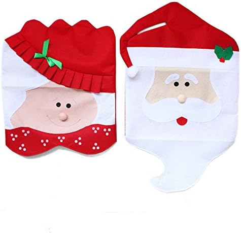 HappyFly Xmas Mr&amp;Mrs Santa Claus Red Hat Christmas Dinner Chair Back Cover Set Decor Gift,Set of 2