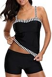 Aleumdr Womens Spaghetti Straps Striped Color Block Tankini Swimsuits with Swim Shorts S - XXXL