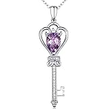 HXZZ Fine Jewelry 925 Sterling Silver and Natural Gem Stone Amethyst Love Heart Key Pendant Necklace for her