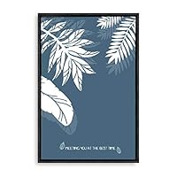 Framed Canvas Wall Art - White Leaf on Grayish-Blue Background - Canvas Prints Home Artwork Decoration for Living Room,Bedroom - 16x24 inches