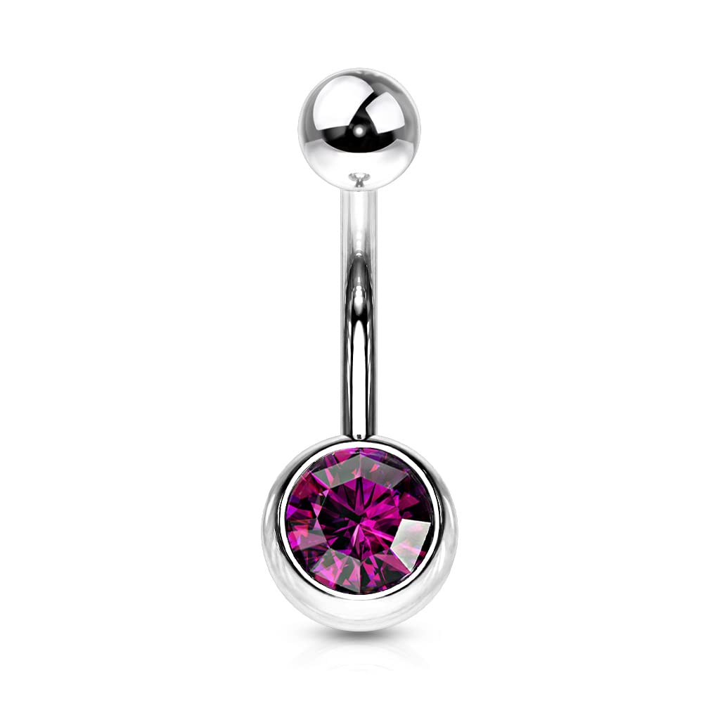 PiercedOff 316L Surgical Steel 1.6mm Externally Threaded Belly Bar with 8mm Purple CZ Ball - Length 10mm