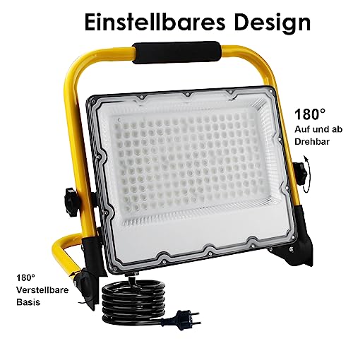 OUSIDE 150 W LED Construction Spotlight with Tripod and 4 m Cable, IP66 Waterproof Work Light with Schuko Plug for Workshop, Maintenance or Construction Site, 6500 K Cool White Light, 15000 Lumen