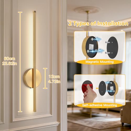 TaoFiaCo 60CM Gold Indoor LED Wall Lights - Wireless Wall Lamp 3 Colour Temperatures - Battery Wall Light with Remote Control for Bedroom, Living Room, Dining Room