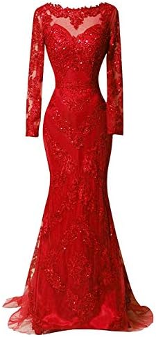 HelloLadyBridal Women's Illusions Lace Mermaid Prom Dress Long Sleeves Evening Formal Gown