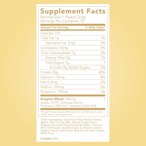 Clean Simple Eats Whey Isolate Protein Powder, Simply Vanilla, Naturally Sweetened, Zero Added Sugar, 20g 100% Grass Fed Protein Powder with Digestive Enzymes, Gluten Free, Non GMO, 10 Stick Packs