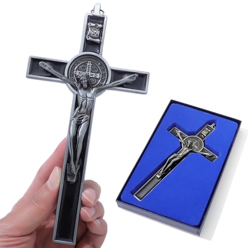 Metal Crucifix Wall Cross, Catholic Crosses with Black Enamel - 7.5 Inch Crucifix for Wall, Jesus Christian Wall Hanging Cross for Home Decor