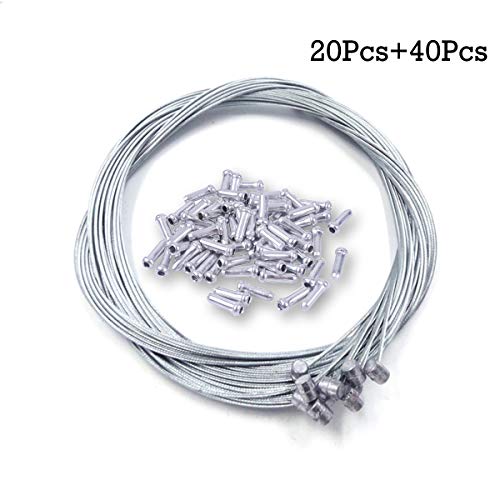 WTSHOP 20PCS 2m Long Bicycle Bike Replaceable Brake Cable and 40PCS Silver Alloy Cable Cap End Tip Crimp Set