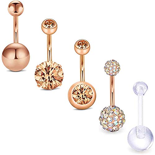 incaton 5Pcs Belly Bar Stainless Steel Belly Button Rings 14G 10mm Barbell Belly Navel Rings Piercing