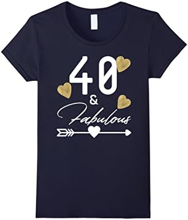 Womens 40th Birthday Shirt 40 &amp; Fabulous Gold Hearts T-shirt Small Navy