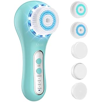 Electric Facial Cleansing Brush Waterproof Red/Blu Light Face Brush Spin Rechargeable Misiki IPX7 Exfoliating Face Brush with 3 Mode, 5 Brush Head for Exfoliating, Massaging, Removing Blackhead