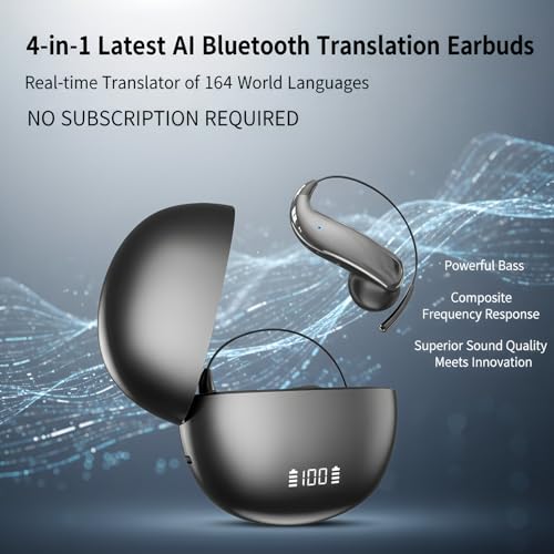 4-in-1 Latest AI Bluetooth Translation Earbuds, Real-time Translator of 164 languages; No subscription required; Powerful Bass & Full-Range Frequency Response, Premium Audio with Innovative Technology