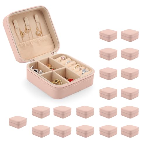 MEKOTRIN Organizador de Joyero Pequeño, Caja de Viaje para Mujeres de 20 Piezas, Estuche Portátil de PU para Anillos, Pendientes y Collares(Rosáceo)