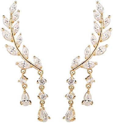 CZ Vine Jewelry Sweep Wrap Crystal Rose Gold Silver Leaf Ear Cuffs Set Stud Earrings for Women