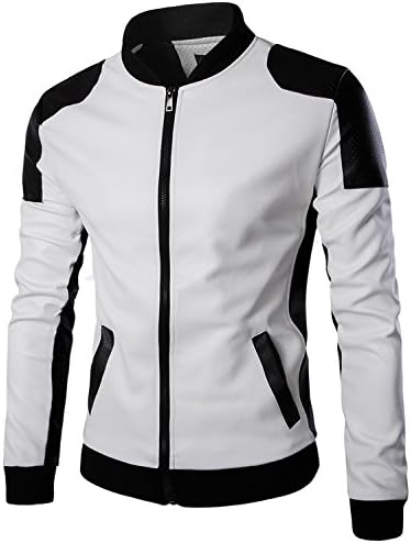 ICOOLYI Men's Stand Collar Faux Leather Jacket &amp; Motorcycle Coats P1050 (Small, White)