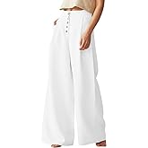 chouyatou Women's Summer High Waisted Cotton Linen Palazzo Wide Leg Casual Pants with Pockets