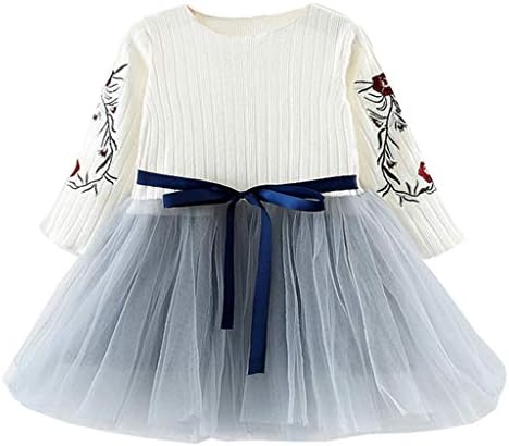 MITIY Toddler Infant Baby Kids Girl Dress Knitted Sweater Simple Skirt Flower Embroidered Mesh Tutu Skirt Beige