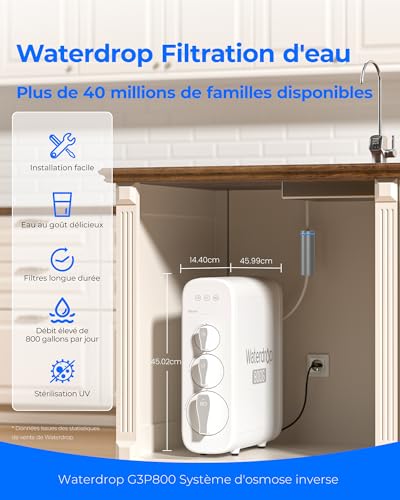 Waterdrop G3P800 Reverse Osmosis System, Fast Flow 800 GPD, NSF/ANSI 58 Certified, 3:1 Pure Sewer, Tankless Reverse Osmosis System Under Sink Tankless Reverse Osmosis System, TDS Reduction