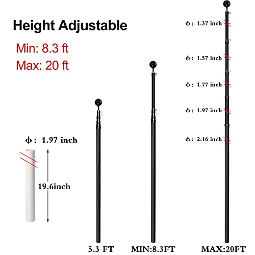 WinisKi Flag Pole 20ft Black Extra Thick, Outdoor Telescoping Heavy