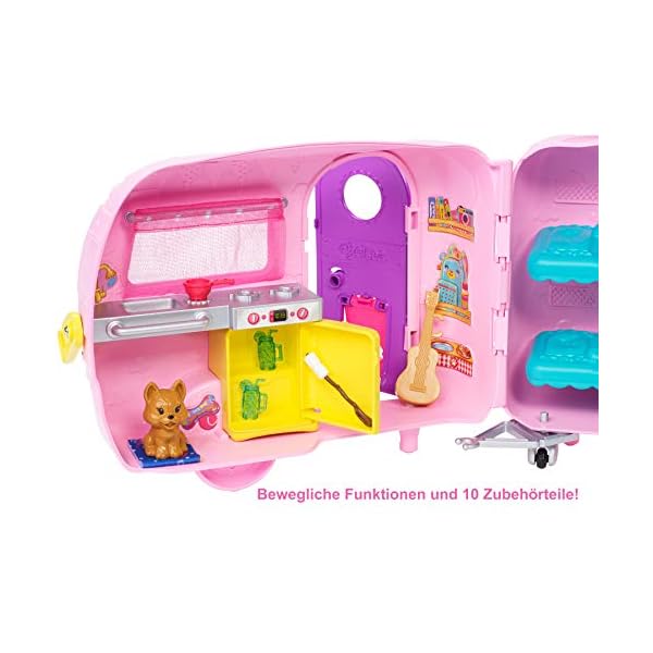Barbie Chelsea Serie, Chelsea Auto und Camper Set mit 10+ Barbie Camping Accessoires, 1x Chelsea Puppe, Teal Auto und Pink Mini Camper, Geschenke für Kinder ab 3 Jahren,FXG90 – Bild 7