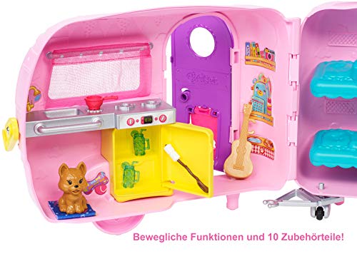 Barbie Chelsea Serie, Chelsea Auto und Camper Set mit 10+ Barbie Camping Accessoires, 1x Chelsea Puppe, Teal Auto und Pink Mini Camper, Geschenke für Kinder ab 3 Jahren,FXG90 – Bild 7