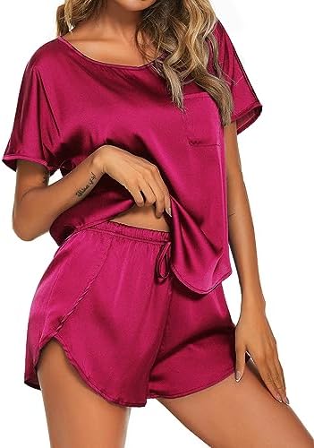 Ekouaer Women Satin Pajama Set Short Sleeve Lightweight Silk Pajama Set 2 Piece Lounge Sets with Shorts Hot Pink