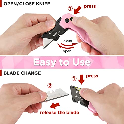 WORKPRO Folding Utility Knife, Quick Change Box Cutter, Razor Knife for Cartons, Cardboard, Boxes, Blade Storage in Handle, 13 Extra Blades Included (Pink)