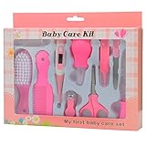Baby Health Care Kit (Boy & Girl) Deluxe Nail Clipper, Nail File, Scissors, Tweezers, Nasal Aspirator, Dropper Feeding, Digital Thermometer, Comb, Hair Scrubber, Fingertip Toothbrush (10 Pcs) - Pink