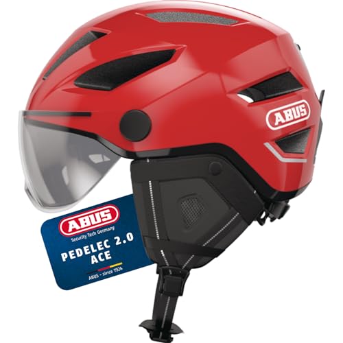 ABUS Stadthelm Pedelec 2.0 ACE - Fahrradhelm mit Rücklicht, Visier, Regenhaube, Ohrenschutz - für Damen und Herren - Rot, Größe S