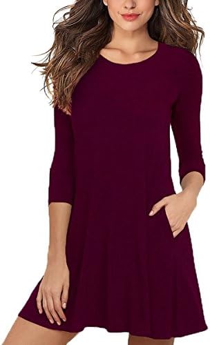 AOMINGGE Casual Dress, Women's 3/4 Sleeves Round Neck A-line Tunic T shirt Dresses Tops with Pockets