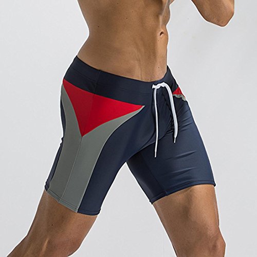Elogoog Mens Swim Trunks Beach Shorts Active Sporty Square Leg Swimsuit Surfing Swimming Boxer Brief Swimwear (L, Blue)