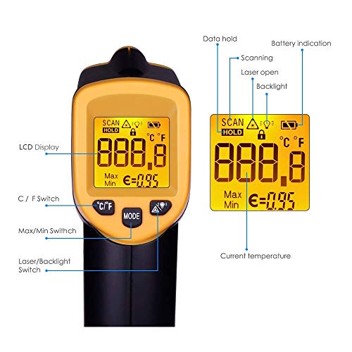 -58â„‰~ 932â„‰ Non-Contact Digital Infrared Thermometer (-50â„ƒ ~ 500â„ƒ) for Temperature Probe Cooking Air Refrigerator