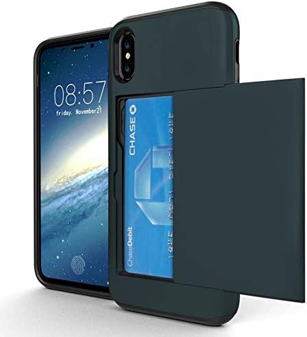OMD iPhone X Case, iPhone Xs Case, [Double Card Holder Slot] ShockProof Wallet Protective Phone Cover with Tough Heavy Duty Silicone Card Case for iPhone X [2017] / iPhone Xs [2018] - Slate