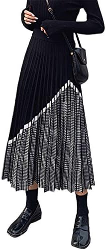 プリーツスカート レディース ニット Aライン スカート 千鳥格子柄 ウエストゴム ミモレ丈 ハイウエスト プリーツ 体型カバー 配色 通勤 着痩せ 可愛い エレガント