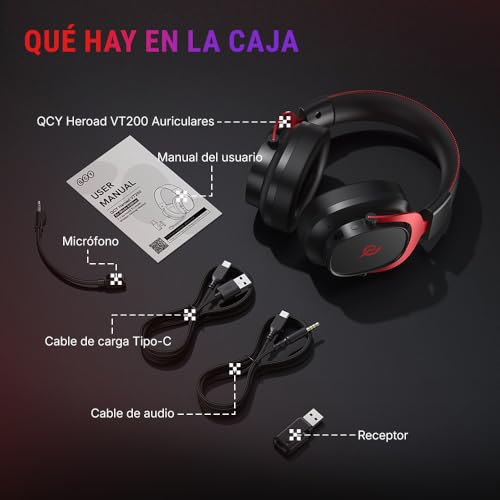 QCY Heroad VT200 Cascos Gaming Inalámbricos para PC/Ps5/Ps4/Switch/Mobile, 7.1 Sonido Envolvente, Auriculares Gaming con 2.4 GHz+Bluetooth 6.0, Duración 130H, Drivers 53mm, RGB -Rojo Negro