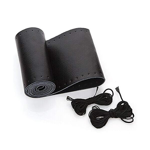 BELINOUS Leather Car Steering Wheel Cover Lace Up, Stitch On Wrap (Size L4, Black)