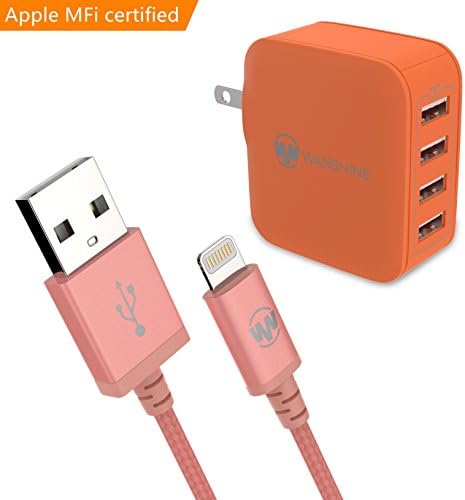 iPhone Wall Charger - 31W/6.2A, 4 Port Orange and Nylon Braided Lightning Cable, Apple MFi Certified - 3.3 Feet/1Meter, Rose Gold