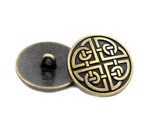 Bezelry 10 Pieces Celtic Shield Knot Metal Shank Buttons. 25mm (1 inch) (Antique Brass)