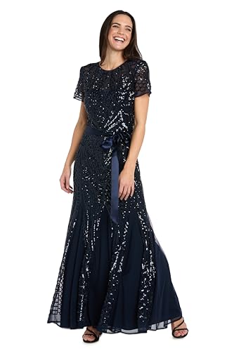 R&M Richards Women's Sequin Evening Gown with Panel Godet Skirt, Ribbon Sash &…