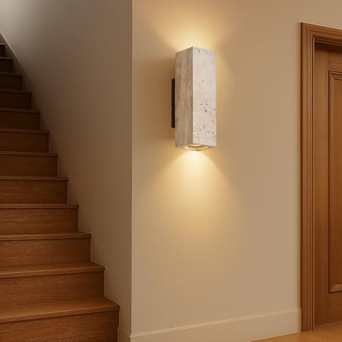 Lampara de Pared de Travertino Amarillo Natural, Estilo Japonés Wabi Sabi, Lamparas de Pared Interior de Diseño Minimalista, lampara de muro para Pasillo, Recámara o Baño, 3000K