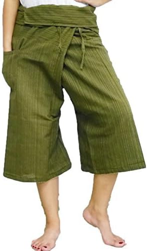 Thai Fisherman Pants Yoga Trousers Free Size 3/4 Cotton Stripe-Olive Green.