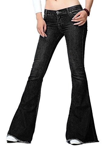 Chartou Women's Asymmetric Tassel Flared Slit Ripped Jeans Denim Pants (Medium, Dark Grey)