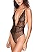 Women Sheer Lace Mesh Sexy Teddy Hight Cut Bodysuit Deep Plunge V Neck Lingerie(Black S)