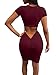 TOB Women's Sexy Lace Up Short Sleeve Top Bodycon Skirt Club 2 Piece Dress Wine Red
