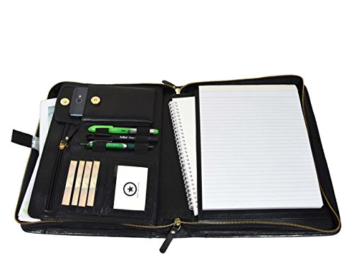 Zippered Genuine Leather Business Portfolio |Easy to Carry Organizer With Writing Pad Holder,Business Card And Pen Slots.IPAD Holder And Flip-Closure Phone Pocket, Black by Aaron Leather(With Handle)