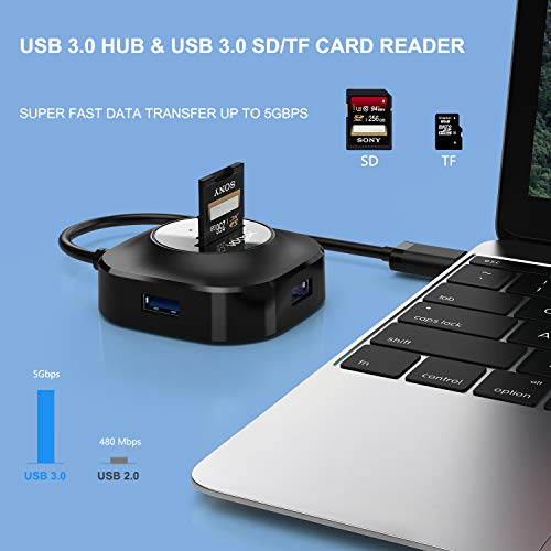 USB 3.0 Hub SD/TF Card Reader Combo, Vogek 3-Port USB 3.0 Hub with USB 3.0 TF, SD, Micro SD, SDXC, SDHC, MMC, RS-MMC, Micro SDXC, Micro SDHC, UHS-I Card Reader for Windows, Mac, Linux, Chrome - Black
