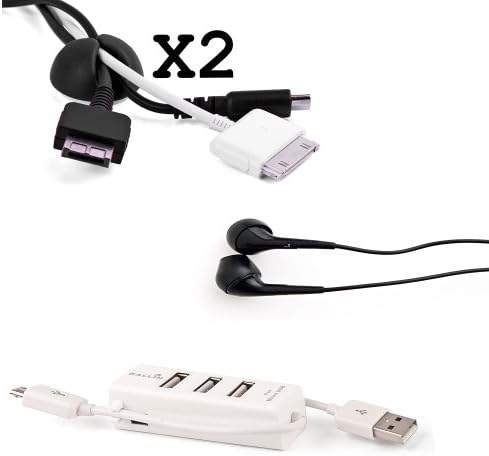 White Mobile Phone Charger USB 2.0 HUB with 3 Extra USB Ports + Miniature Mouse with Retractable Cord + x2 Black Cable Organizers + Black Universal Earbud Earphones Accessories for Apple Macbook Air MC956LL , MC966LL !